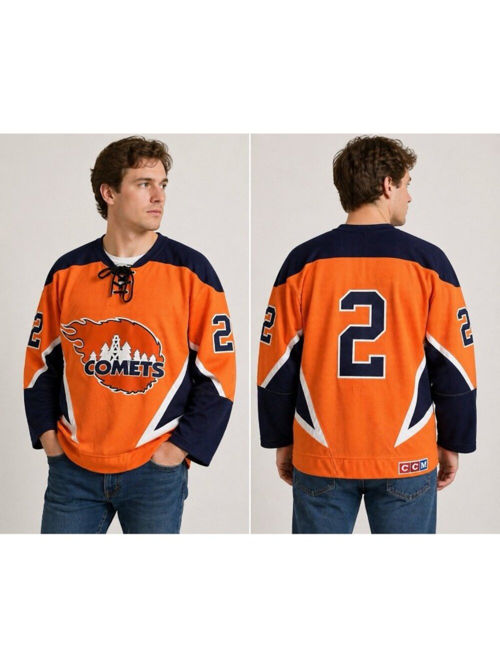 CCM Hockey Jersey Mens L Beer League Comets Embroidered Fight Strap Orange Sz 48